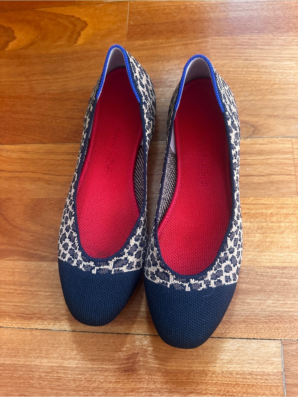 Rothy's Black & Leopard Knit Ballet Flats with Red Insole and Cream Pattern